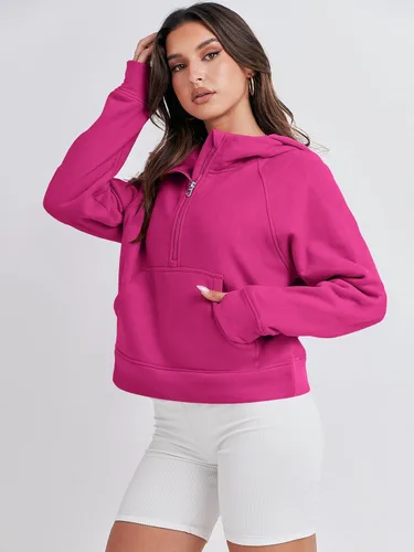 Miniatura 4 de ANRABESS Sudaderas con capucha corta con media cremallera para mujer, sudadera de forro polar con cremallera de un cuarto, ropa de invierno 2023