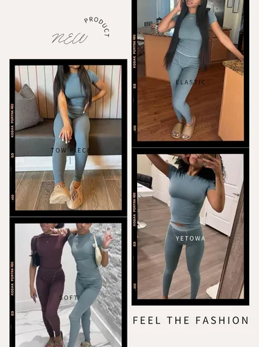 Miniatura 4 de YETOWA Conjunto de entrenamiento casual para mujer, 2 piezas, pantalones cortos, conjuntos de yoga, manga corta, leggings elásticos de cintura alta