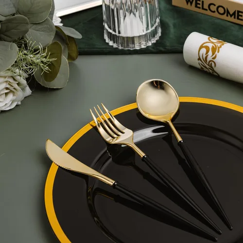 Miniatura 5 de N9R Juego de cubiertos de plástico dorado - 90 piezas con mango negro - Cubiertos de plástico elegantes, resistentes - 30 cucharas, 30 tenedores, 30