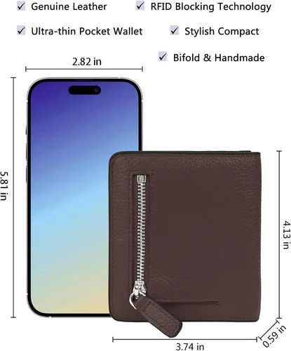 Miniatura 5 de BIG SALE-AINIMOER billetera de bolsillo pequeña con cremallera, plegable, compacta de cuero con bloqueo por identificación por radiofrecuencia