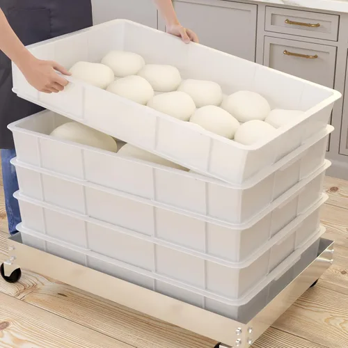 Miniatura 5 de Caja comercial plástica de la prueba de la masa de la pizza, contenedor apilable blanco de la pizza con la tapa, paquete de 4