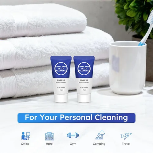 Miniatura 3 de Champú tamaño viaje, mini champú en gel, 0.7 onzas líquidas envueltas individualmente a granel, muestra de prueba, kit pequeño de artículos