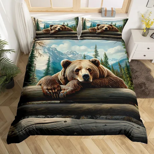 Miniatura 8 de Funda de edredón rústica tamaño Queen, juego de ropa de cama retro para cabaña de cabaña, oso de caza, ciervo, hojas de arce, funda de edredón