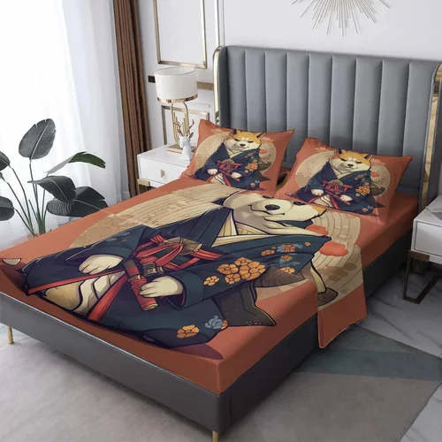 Shiba Inu Sábanas tamaño California King, sábanas japonesas, sábanas y fundas de almohada estampadas de 4 piezas, sábana bajera ajustable de