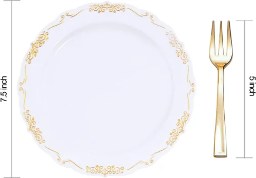 Miniatura 2 de LIYH - 200 platos de postre dorados, 100 platos de aperitivo de 7.5 pulgadas y 100 tenedores de plástico dorados de 5 pulgadas, platos para Oro