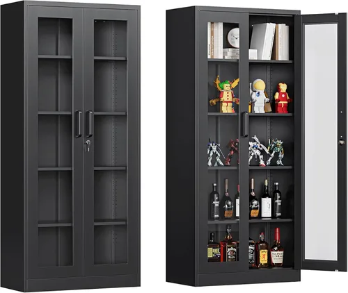 Vitrina con puertas de cristal, vitrina para coleccionables, gabinete de exhibición Curio con 4 estantes ajustables, gabinete de exhibición de Negro