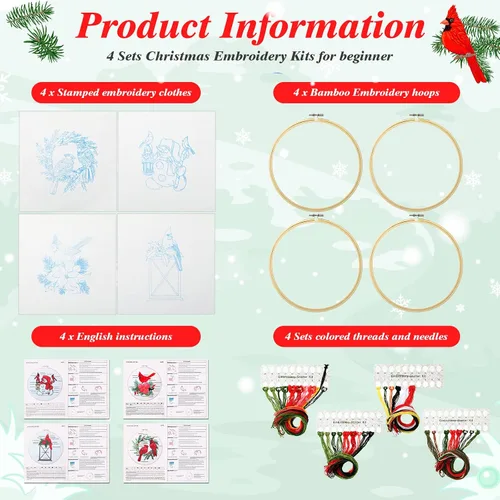 Miniatura 3 de Juego de 4 piezas de bordado navideño para principiantes, adultos, cardenal de punto de cruz, kit de punto de cruz con patrones e instrucciones