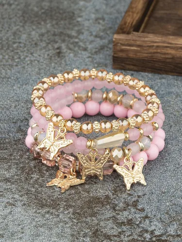 Miniatura 2 de 4pcs Butterfly Bohemian Beaded Stackable Stretch Bracelet Set Elastic Colorful Charm Multi-Layer Butterfly Crystal Stone Stretch Bracelets