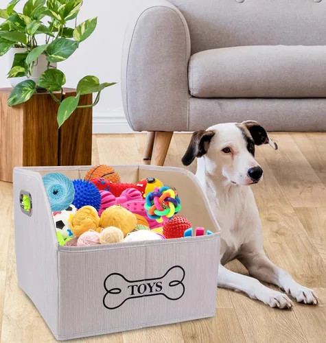 Miniatura 3 de Geyecete Contenedor de almacenamiento de juguetes para perros con mango de madera, cesta organizadora rectangular decorativa de fieltro suave