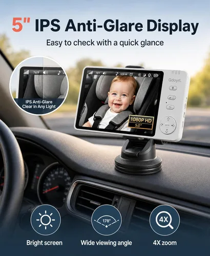 Miniatura 5 de Cámara inalámbrica para automóvil de bebé, visión nocturna automática IR HD 1080P, monitor de bebé giratorio de 360°, pantalla de 5 pulgadas zoom