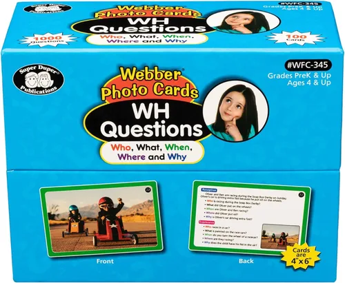 Super Duper Publications | Webber Photo Cards – WH Questions | Flashcards - Habilidades lingüísticas receptivas y expresivas | Recurso educativo de