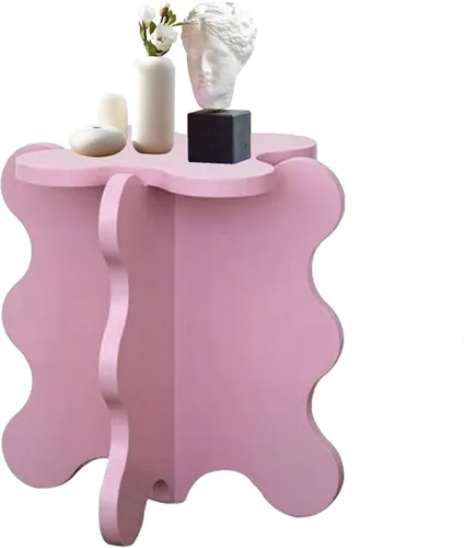 Miniatura 13 de HM&DX Mini mesa de centro de pétalos, mesa auxiliar de madera maciza con ondas de dibujos animados con patas en forma de X, mesas auxiliares de Azul