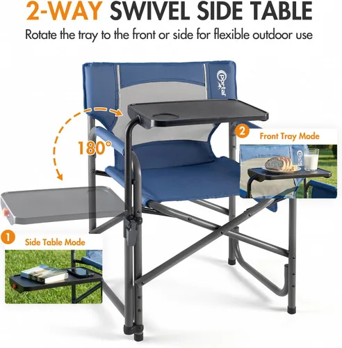Miniatura 4 de Portal Silla de director plegable con mesa auxiliar giratoria de 2 vías, silla de campamento resistente de 300 libras con bandeja giratoria