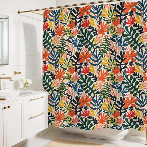 Miniatura 18 de Cortina de ducha con estampado floral coral oscuro - Patrón de flores negras moderno melancólico - Decoración moderna para el hogar - Cortina