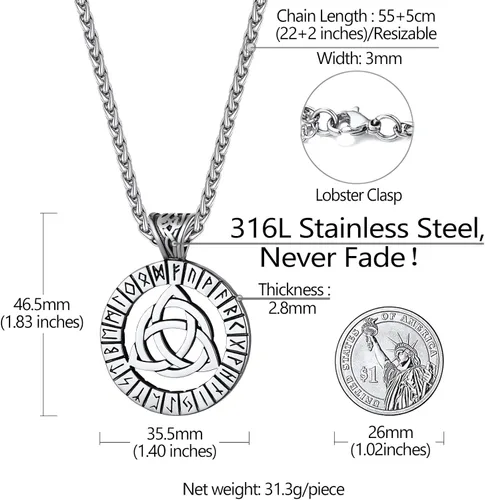Miniatura 5 de Richsteel Collar con colgante de triquetra de acero inoxidable con nudo celta para hombres y mujeres, amuleto de protección, joyería con talismán
