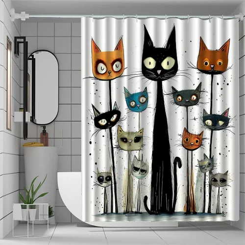 Miniatura 4 de Divertidos juegos de cortinas de ducha con diseño de gato, bonita cortina de ducha para niños, tela lavable y duradera, cortina de ducha de 72 x 72