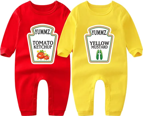 Baby Twins Bodysuit Long Sleeve Clothing Yummz Ketchup Mustard Baby Romper Baby Outfits with Gloves