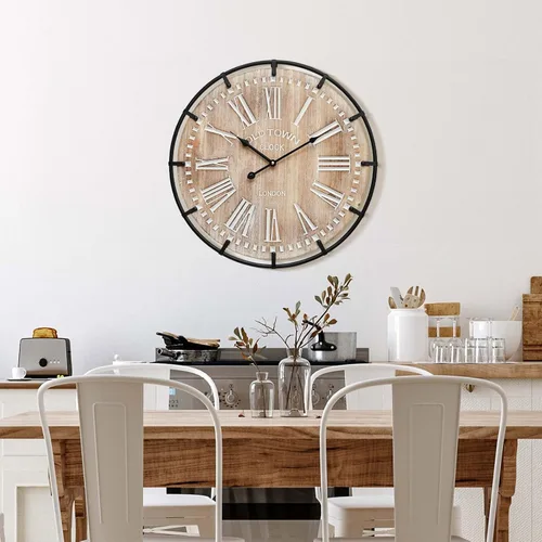Miniatura 7 de Reloj de pared grande de granja, reloj de pared de madera rústica de 24 pulgadas decorativo con círculo de metal y números grabados, funciona