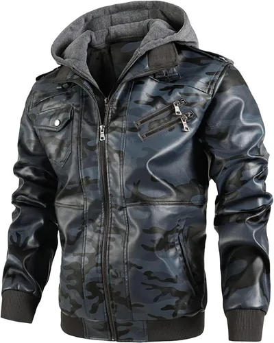 Maiyifu-GJ Chaqueta de cuero sintético de camuflaje para hombre, chaqueta de moto cálida con capucha extraíble de poliuretano para motocicleta, Azul
