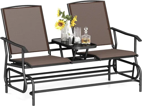Tangkula Silla mecedora para 2 personas, sofá biplaza mecedora para patio con mesa central de vidrio templado, banco de columpio para exteriores con