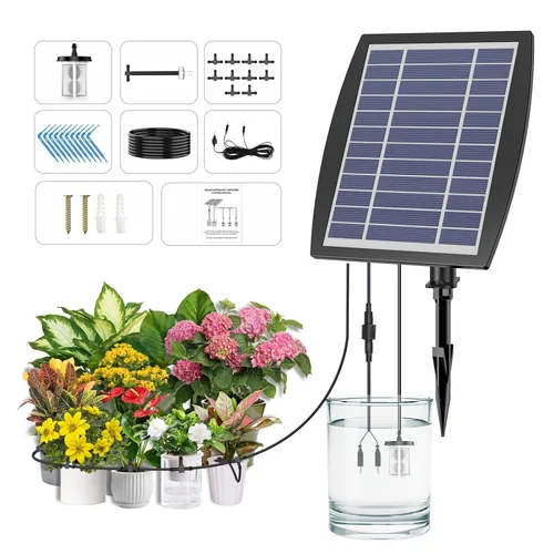 Miniatura 10 de Sistema de riego por goteo alimentado por energía solar, accesorios de invernadero al aire libre, compatible con 15 macetas y 6 modos de temporizador