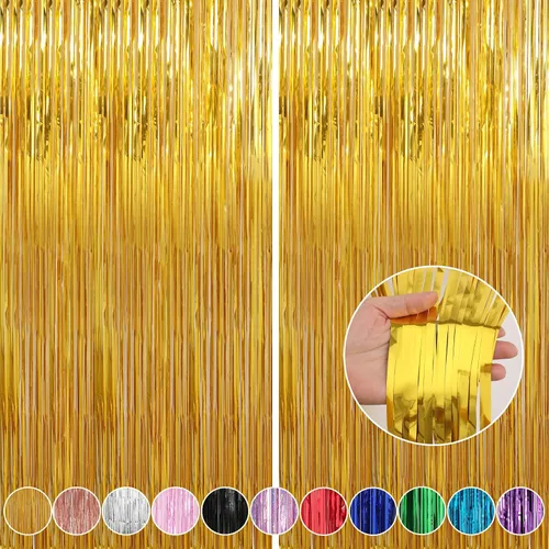 Miniatura 36 de Crosize Paquete de 2 Cortinas de Fondo de Flecos de Papel Metálico Negro de 3.3 x 9.9 pies, Cortinas de Fondo de Serpentinas, Decoraciones de Fiesta