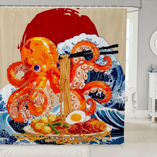 Miniatura 17 de Cortina de ducha de sirena, decoración de baño con escala de acuarela, habitación para niños y niñas, mujeres, caricaturas, delfín, pulpo