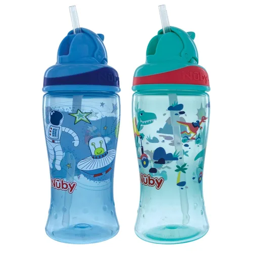 Nuby 2pkThirsty Kids Flip-it - Taza de refuerzo impresa con popote fino y suave, 12 onzas, más de 18 meses, el paquete de 2 unidades puede variar