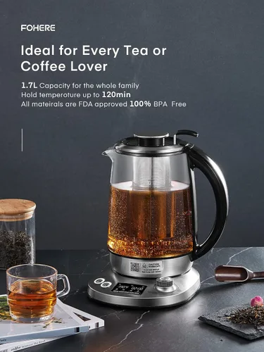 Miniatura 5 de Hervidor de té eléctrico, hervidor de vidrio con 9 ajustes preestablecidos de control de temperatura, tetera de 1200 W con infusor extraíble, 2
