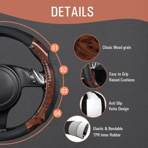 Miniatura 4 de CAR PASS Funda para volante deportiva de cuero de microfibra con veta de madera de 14.5-15 pulgadas, universal, se adapta al 95% de camiones, SUV