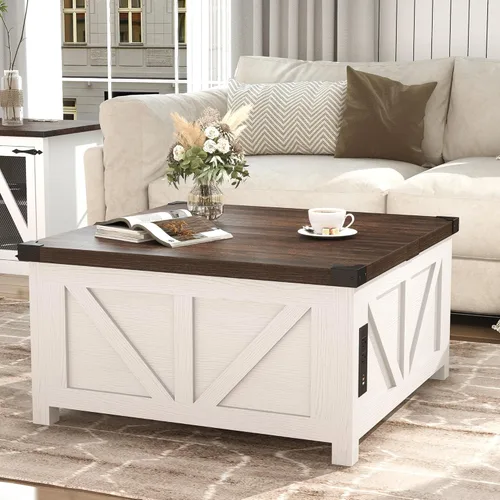 Miniatura 6 de Jimeimmen - Mesa de centro elevada de granja con almacenamiento, mesa cuadrada de centro de madera con estación de carga y puerto USB, mesa de sala