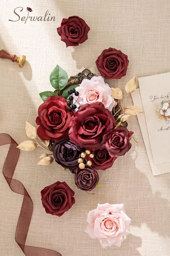 Miniatura 2 de Serwalin Flores Artificiales Burdeos, Flores Falsas de Seda Burdeos y Rosa para Decoración de Boda DIY, Flores Rojo Profundo para Pastel Ramo