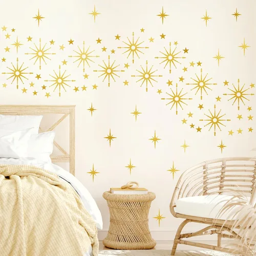 Miniatura 5 de Calcomanías de pared con estrella dorada, diseño retro de explosión de estrellas, calcomanías para dormitorio, sala de estar, decoración de techo