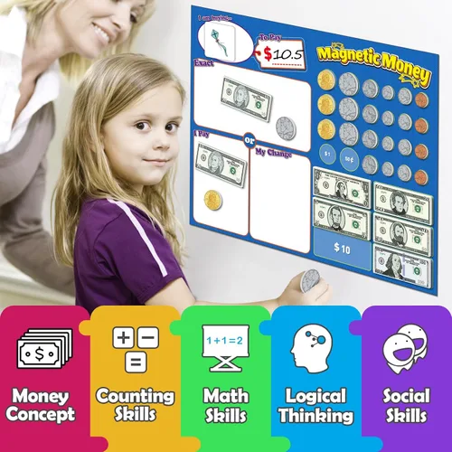 Miniatura 5 de Kasfalci 73 piezas de dinero magnético para niños para aprender, manipuladores de matemáticas, juguetes de aprendizaje y educación para aula