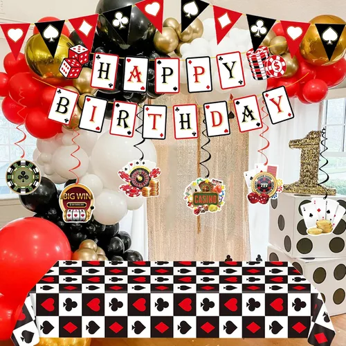 Miniatura 5 de Decoraciones de fiesta temática de casino, pancarta de cumpleaños de casino, mantel de póquer, decoraciones colgantes en espiral de casino