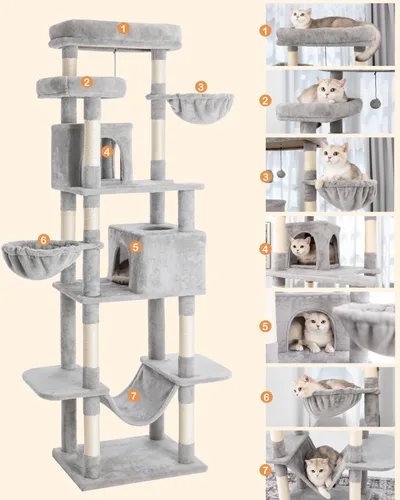 Miniatura 7 de Árbol para gatos, torre para gatos de 81 pulgadas de alto con poste rascador, condominio de felpa para gatos de varios niveles con 2 perchas, 2 Gris
