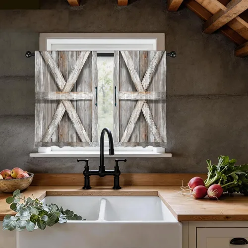 Miniatura 5 de Barn Door Printed Polyester Short Kitchen Curtains 27.5" W x 36" L, Rod Pocket Rustic Wood Door Curtains, Small Decorative Window Curtains for