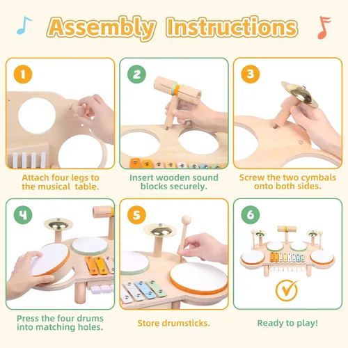 Miniatura 5 de Juego de batería para niños pequeños, instrumentos musicales de madera para bebés de 1 a 3 años, juego de mesa de actividades musicales con piano