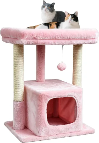 SYANDLVY Árbol pequeño para gatos de interior para adultos grandes, torre de actividades de 27 pulgadas con postes rascadores, casa moderna con Rosa