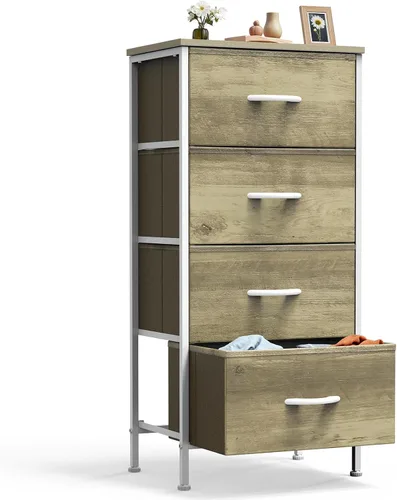 Miniatura 13 de DUMOS Mesita de noche con 4 cajones, mesa de noche con contenedores de tela extraíbles, marco de acero resistente, organizador superior de madera