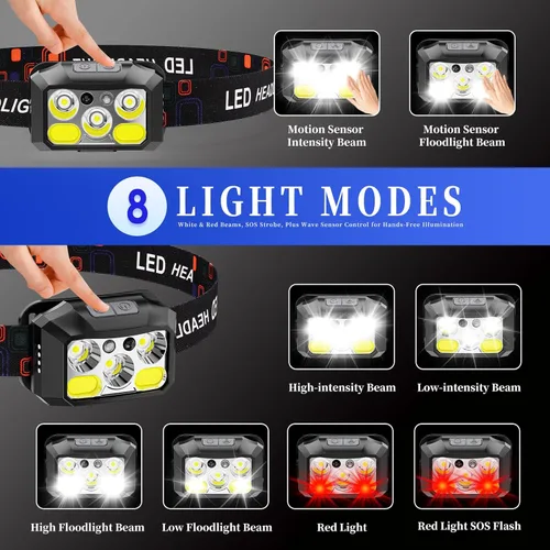 Miniatura 3 de Paquete de 2 Linternas de Cabeza LED Recargables, 800 Lúmenes, USB-C, IPX4 Impermeable, 8 Modos, Luz Roja y Blanca — Ligeras, Ajustables, Clips