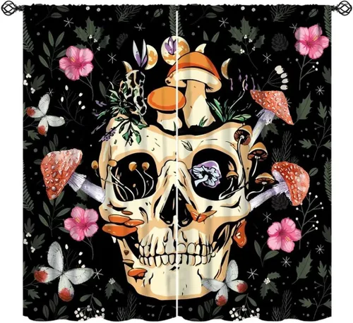 Miniatura 13 de Divertidas cortinas opacas de calavera de azúcar, cementerio del día de los muertos, diseño floral de México, telón de fondo negro, cortinas