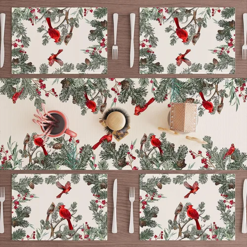 Miniatura 2 de Juego de 6 manteles individuales XCHI con pájaros cardenales, árbol de pino de invierno, Navidad, decoración de mesa para fiesta, hogar, cocina