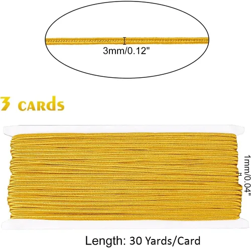 Miniatura 3 de PandaHall - Cordón de hilo metálico dorado de 96 yardas de 0.118 pulgadas (0.118 in), hilo de poliéster plano trenzado, cordón de cordón