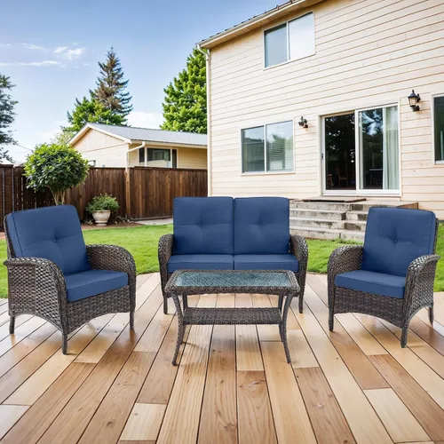 Miniatura 13 de HUMMUH Juego de 2 sillas de mimbre para exteriores, sillas de comedor con respaldo alto y asiento profundo para jardín, porche, patio trasero