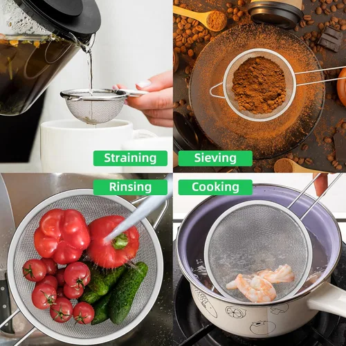 Miniatura 7 de Juego de 3 cucharas de malla fina de acero inoxidable colador de tamiz de acero inoxidable, colador multifuncional para alimentos con mango largo