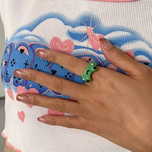 Miniatura 5 de FORUBUS Juego de 2 anillos de resina con bonito diseño de rana de pollo, hongos, lindos anillos apilables de animales para mujeres y niñas, Metal