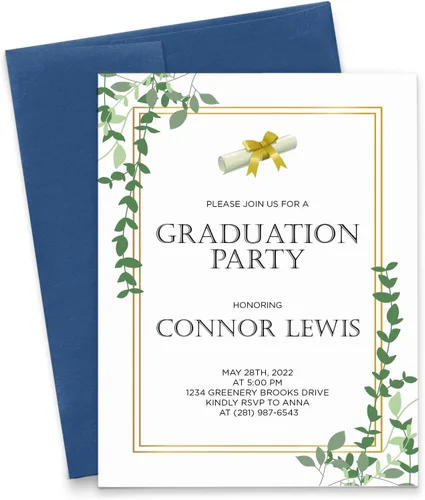 Invitación personalizada para fiesta de graduación con diploma, elegantes invitaciones de fiesta de graduación con borde dorado, invitaciones