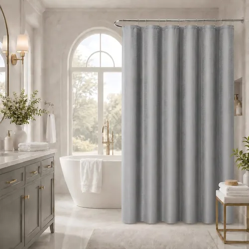 Miniatura 11 de LaCyan Cortina de ducha impermeable de punto gofre, juego de 3 piezas resistente de 258 GSM con forro transparente y 12 ganchos de acero inoxidable
