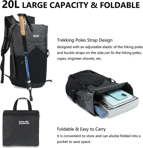 Miniatura 6 de Mochila de senderismo para mujeres y hombres, 20L ligera, plegable, resistente al agua, plegable, pequeña mochila de senderismo, mochilas para Negro